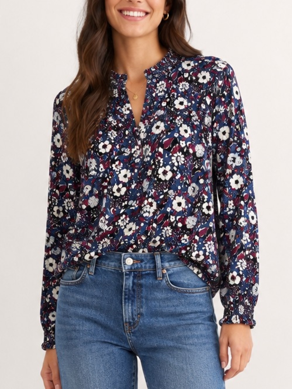 GAP Navy Floral Blouse with White and Burgundy Accents